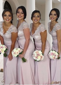 Elegant Short Sleeve V-Neck Chiffon Floor-Length Bridesmaid Dress – A-Line Wedding Party Gown UK