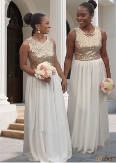 Elegant Scoop Neck Sequined Chiffon Bridesmaid Dress | Sleeveless Floor-Length A-Line