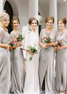 Elegant Satin Scoop Neck Half Sleeve A-Line Bridesmaid Dress for Weddings