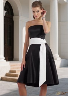 Strapless Black Satin Knee Length Bridesmaid Dresses with Belt