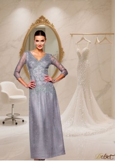 Elastic Satin V-Neck Ankle Length Dress With Sleeves — Empire Waist Evening Gown
