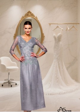 Elastic Satin V-Neck Ankle Length Dress With Sleeves — Empire Waist Evening Gown