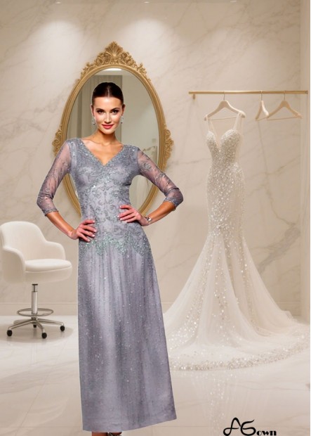 Elastic Satin V-Neck Ankle Length Dress With Sleeves — Empire Waist Evening Gown