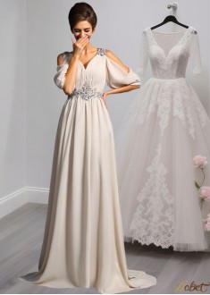 Elegant V-Neck Chiffon Mother of the Bride Dress with Beading and Court Train