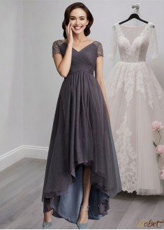 Elegant V-Neck Tulle A-Line Mother of the Bride Dress with Asymmetrical Hem
