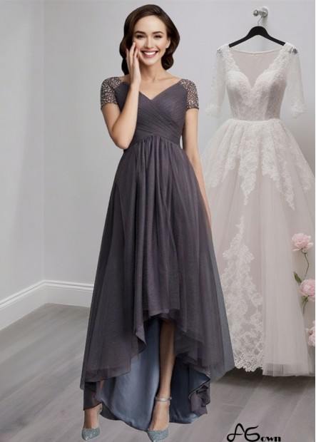 Elegant V-Neck Tulle A-Line Mother of the Bride Dress with Asymmetrical Hem