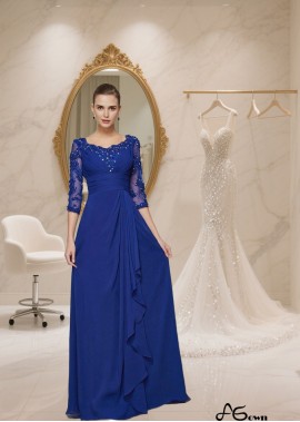 Floor-Length Scoop Neck Chiffon Mother of the Bride Dress with Lace and 3/4 Sleeves