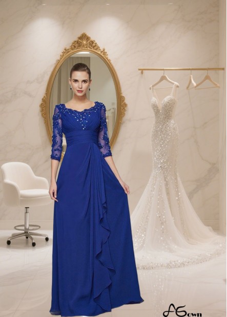 Floor-Length Scoop Neck Chiffon Mother of the Bride Dress with Lace and 3/4 Sleeves