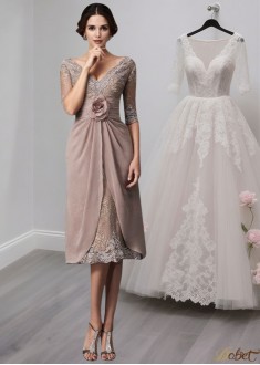 Lace V-Neck Tea-Length A-Line Formal Dress for Special Occasions