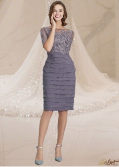 All-Season Chiffon Mother of the Bride Dress with Ruffles and Half Sleeves – Knee Length