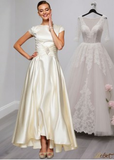 Beaded Satin Scoop Neck A-Line Mother of the Bride Dress with Short Sleeves