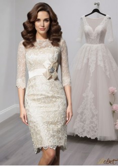 Scoop Neck Lace Short Mother of the Bride Dress with 3/4 Sleeves