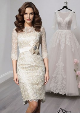 Scoop Neck Lace Short Mother of the Bride Dress with 3/4 Sleeves