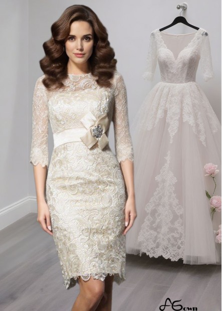 Scoop Neck Lace Short Mother of the Bride Dress with Bow and 3/4 Sleeves