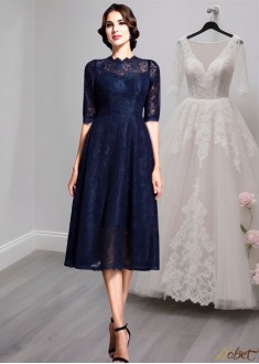Knee Length Lace Mother of the Bride Dress with Jewel Neckline and Half Sleeves