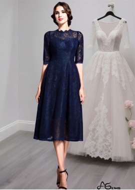 Knee Length Lace Mother of the Bride Dress with Jewel Neckline and Half Sleeves