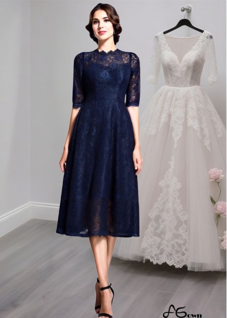 Knee Length Lace Mother of the Bride Dress with Jewel Neckline and Half Sleeves