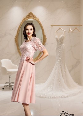 Tea-Length A-Line Chiffon Mother of the Bride Dress — Scoop Neck Sleeveless Gown