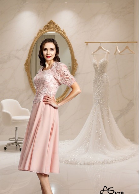 Tea-Length A-Line Chiffon Mother of the Bride Dress — Scoop Neck Sleeveless Gown