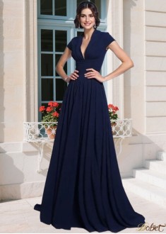 Chiffon V-Neck Applique Mother of the Bride Dress – Floor Length A-Line with Short Sleeves