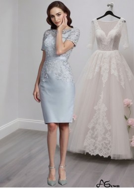 Satin Knee-Length Mother of the Bride Dress with Short Sleeves