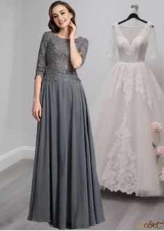 Chiffon Scoop Neck A-Line Mother of the Bride Dress with Half Sleeves