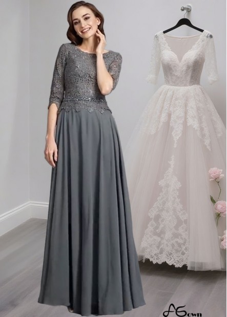 Chiffon Scoop Neck A-Line Mother of the Bride Dress with Half Sleeves