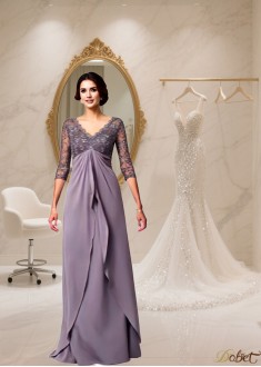 Lace V-Neck Chiffon Floor-Length Mother of the Bride Dress with 3/4 Sleeves