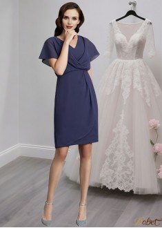 Chiffon V-Neck Knee-Length Mother of the Bride Dress – Short Sleeve Sheath Gown