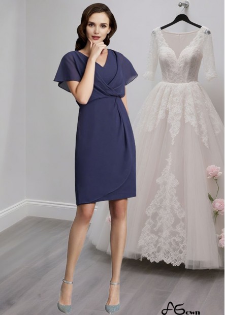 Chiffon V-Neck Knee-Length Mother of the Bride Dress – Short Sleeve Sheath Gown