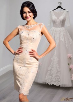Short Jewel Neck Lace Bride Mother Party Dress Sleeveless Column