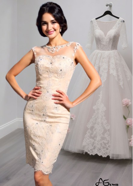 Short Sheer Neck Lace Mother of the Bride Dress Sleeveless Column Style