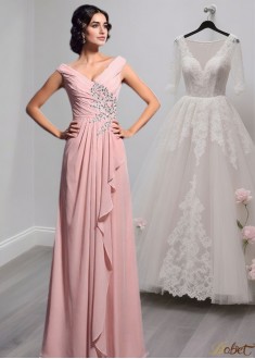 Pink Chiffon V-Neck Sleeveless Mother of the Bride Dress with Beading