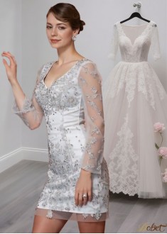 V-Neck Elastic Satin Short Mother of the Bride Dress with Long Sleeves