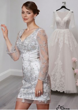V-Neck Elastic Satin Short Mother of the Bride Dress with Long Sleeves