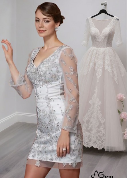 V-Neck Elastic Satin Short Mother of the Bride Dress with Long Sleeves