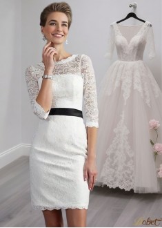 White Lace Scoop Neck Short Mother of the Bride Dress with 1/2 Sleeves