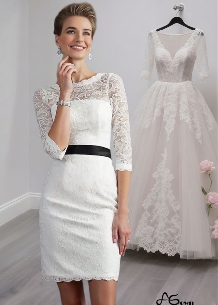 White Lace Scoop Neck Short Mother of the Bride Dress with 1/2 Sleeves