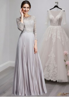 Chiffon A-Line Mother of the Bride Dress – Scoop Neck with Lace & 3/4 Sleeves
