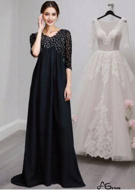 V-Neck Beaded Chiffon Mother of the Bride Dress with Half Sleeves – Empire Waist A-Line Gown