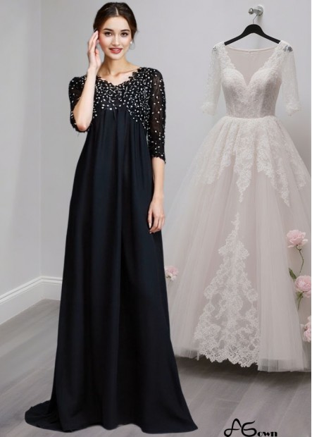 V-Neck Beaded Chiffon Mother of the Bride Dress with Half Sleeves – Empire Waist A-Line Gown