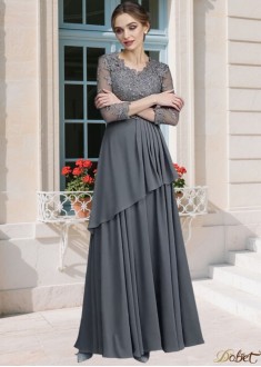 Elegant Chiffon V-Neck A-Line Mother of the Bride Dress with Ruffles and 3/4 Sleeves – Floor Length