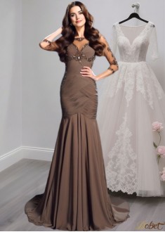 Chiffon Mother of the Bride Dress – Sheath Gown with 3/4 Sleeves and Court Train