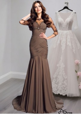 Beaded Scoop Neck Chiffon Mother of the Bride Dress – Sheath Gown with 3/4 Sleeves and Court Train