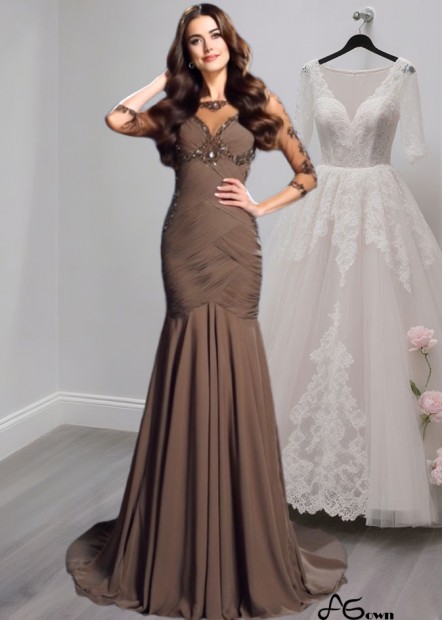 Beaded Scoop Neck Chiffon Mother of the Bride Dress – Sheath Gown with 3/4 Sleeves and Court Train