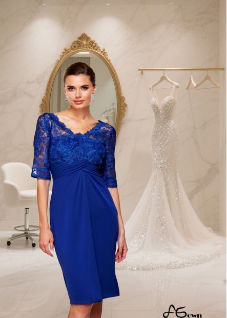 V Neck Chiffon 1/2 Sleeve Mother of the Bride Dress with Lace Embellishment
