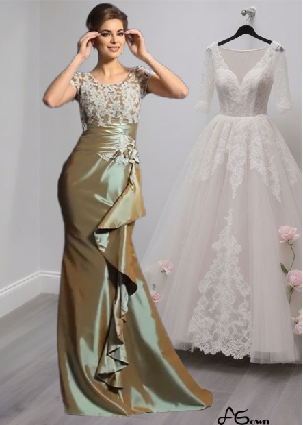 Taffeta Scoop Neck Short Sleeve Mother of the Bride Dress with Applique and Beading