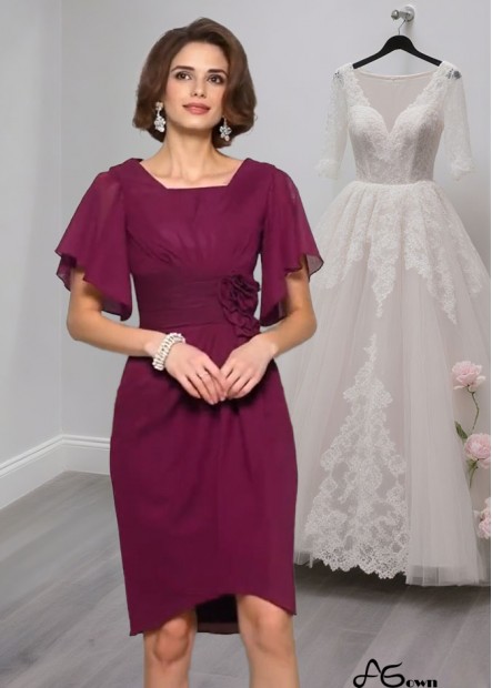 Handmade Flower Chiffon Knee-Length Mother of the Bride Dress with Square Neckline