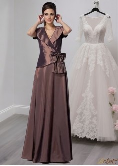 Taffeta V-Neck Bride Mother Dresses – Floor Length Gowns With Bowknot