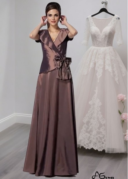 Taffeta V-Neck Bride Mother Dresses – Floor Length Gowns With Bowknot